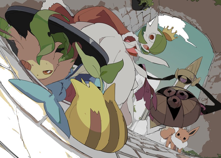 gardevoir, eevee, mega gardevoir, vaporeon, leafeon, and 2 more (pokemon) drawn by apios
