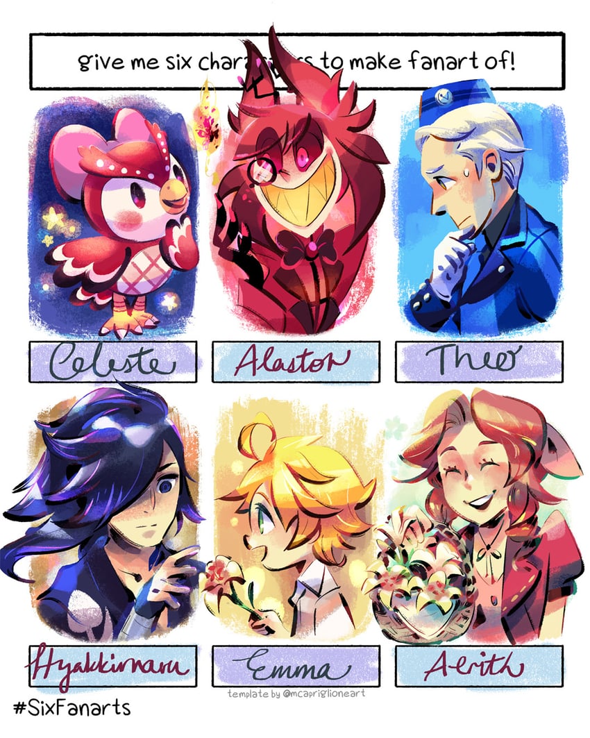 aerith gainsborough, alastor, emma, hyakkimaru, theodore, and 1 more (final fantasy and 8 more) drawn by yi-wen_leow