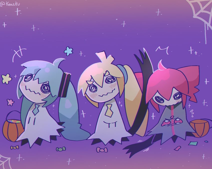 hatsune miku, kasane teto, mimikyu, and akita neru (pokemon and 3 more) drawn by koasku