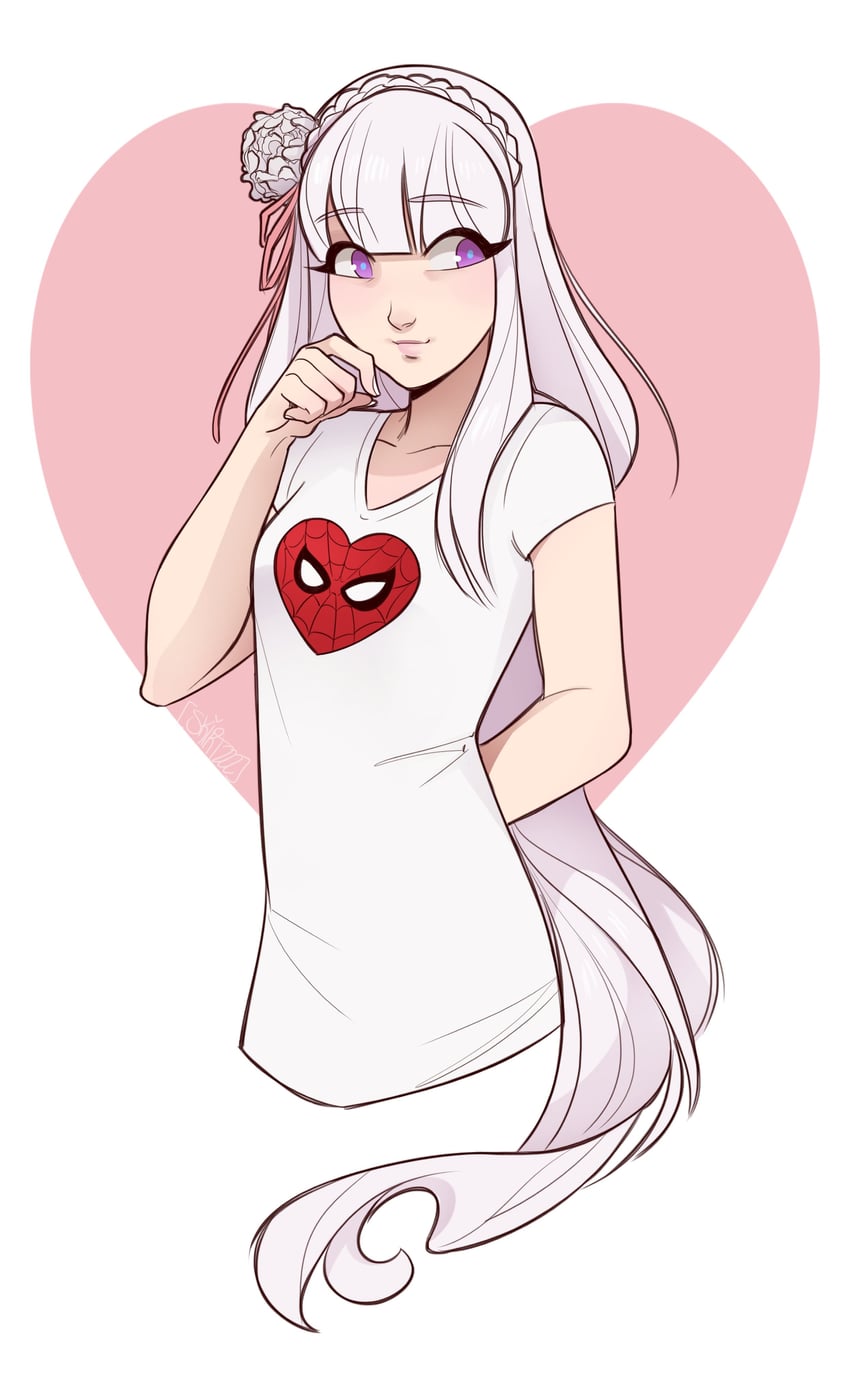 emilia and spider-man (marvel and 2 more) drawn by skirtzzz