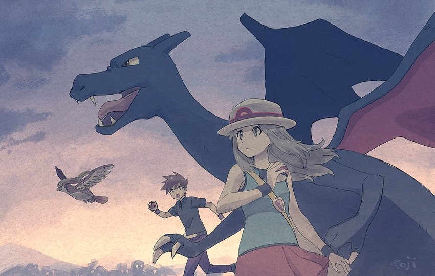 blue oak, charizard, leaf, and pidgeot (pokemon and 1 more) drawn by toji_303