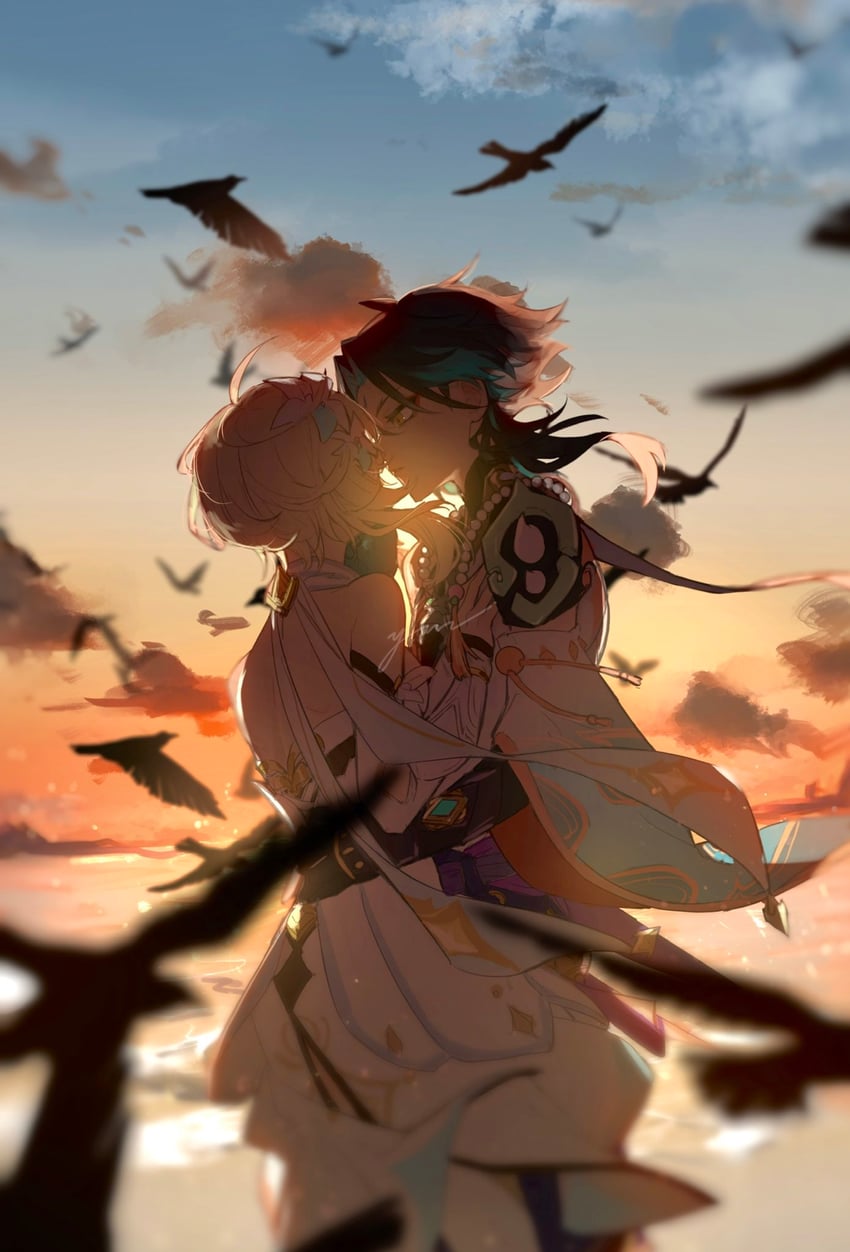lumine and xiao (genshin impact) drawn by yuni_(oyu_ni)