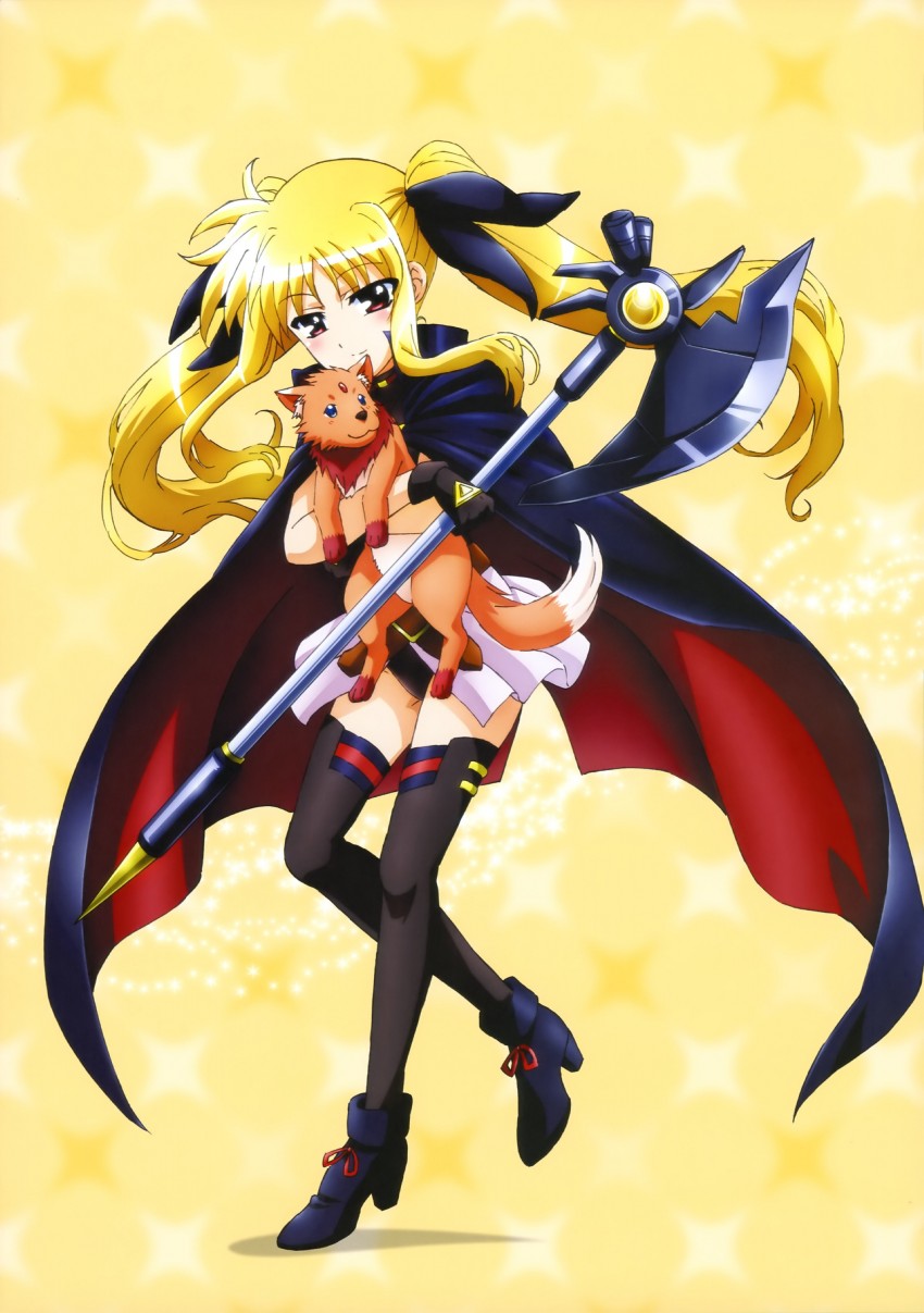 fate testarossa, arf, and bardiche (lyrical nanoha and 2 more) drawn by okuda_yasuhiro