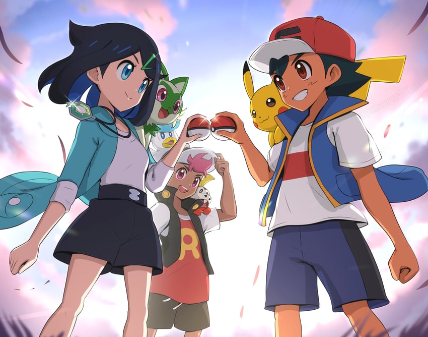 pikachu, ash ketchum, sprigatito, liko, fuecoco, and 2 more (pokemon and 2 more) drawn by gonzarez