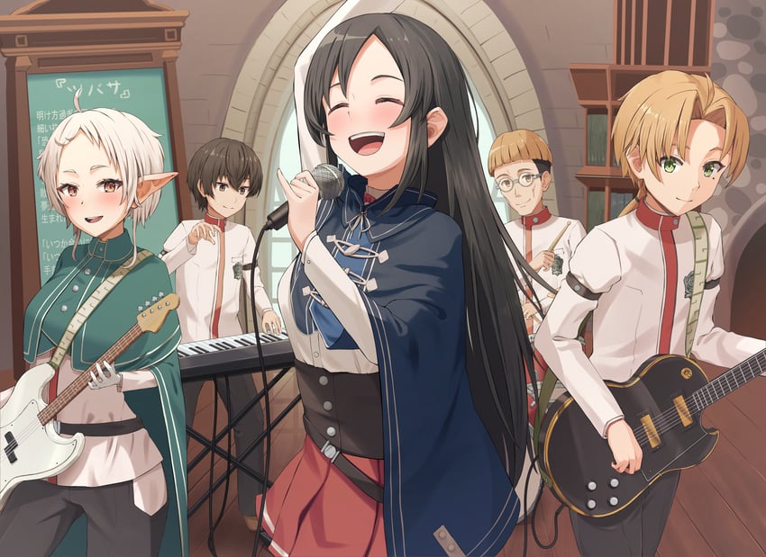 sylphiette, rudeus greyrat, nanahoshi shizuka, cliff grimoire, and zanoba shirone (mushoku tensei) drawn by ars_rg0412