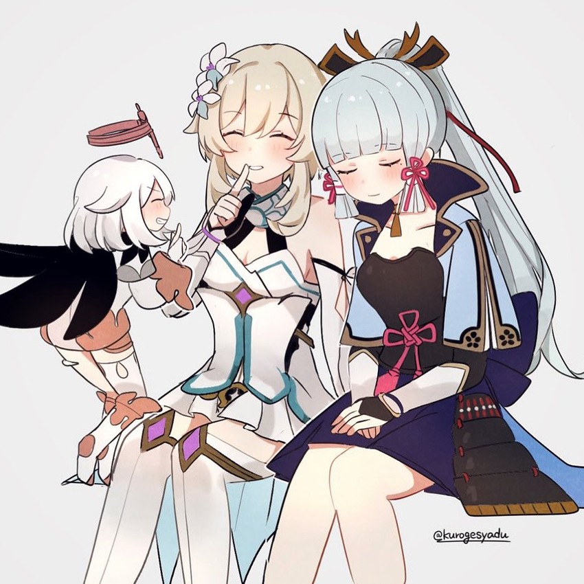 lumine, paimon, and kamisato ayaka (genshin impact) drawn by kuromu_shado
