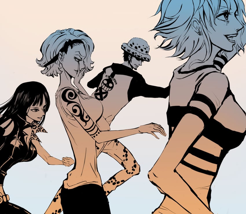 nami, nico robin, trafalgar law, and nojiko (one piece) drawn by doubleragnarok