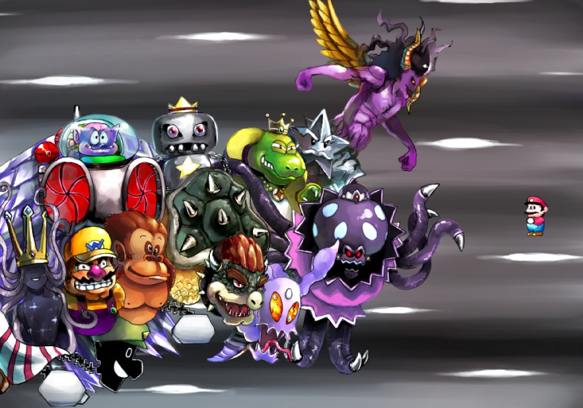 mario, luigi, bowser, wario, donkey kong, and 13 more (final fantasy and 16 more) drawn by byte_(grunty-hag1)