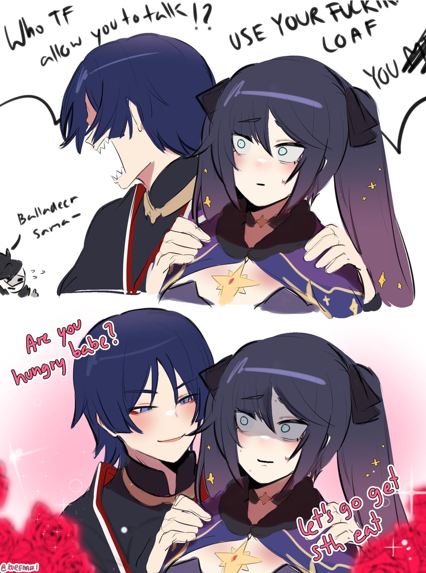 scaramouche, mona, and fatui agent (genshin impact) drawn by kurenaiz_(kuayrenaiz)