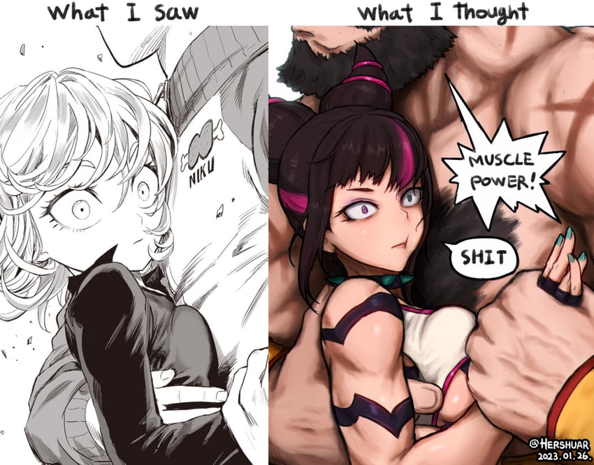 tatsumaki, han juri, saitama, and zangief (street fighter and 2 more) drawn by hershuar and murata_yuusuke