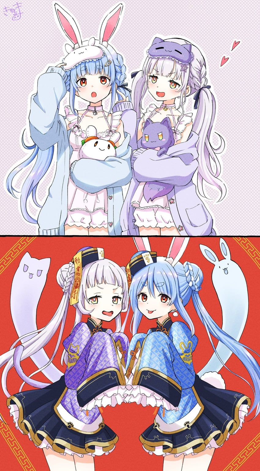 usada pekora, murasaki shion, don-chan, and pekomon (hololive) drawn by kiritoma
