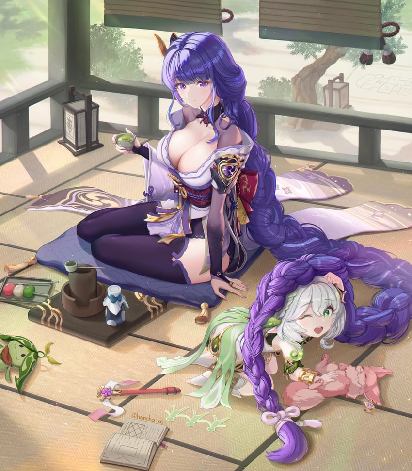 raiden shogun, yae miko, nahida, aranara, and arama (genshin impact) drawn by hancho