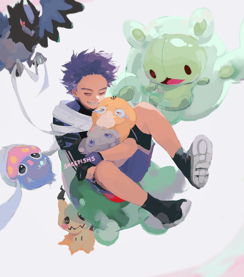 mimikyu, psyduck, espurr, reuniclus, shinso hitoshi, and 2 more (pokemon and 1 more) drawn by sheepishs
