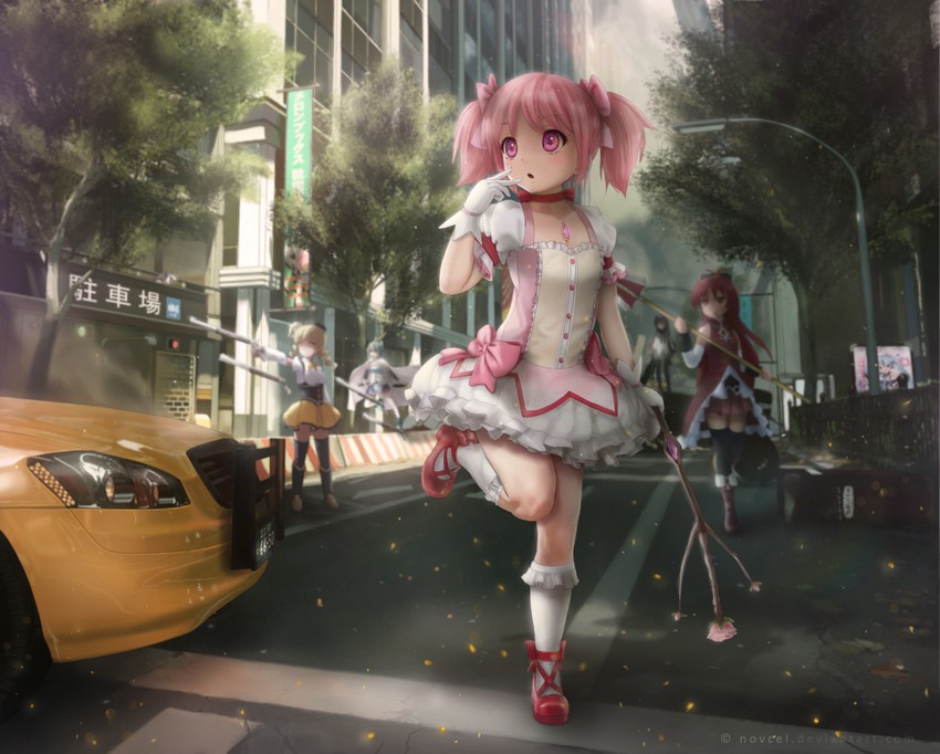 hatsune miku, akemi homura, kaname madoka, miki sayaka, sakura kyoko, and 1 more (vocaloid and 1 more) drawn by novcel