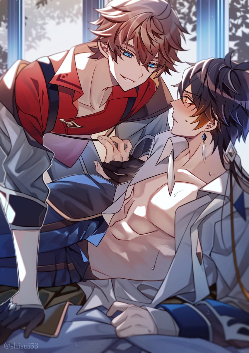 zhongli and tartaglia (genshin impact) drawn by shisui53