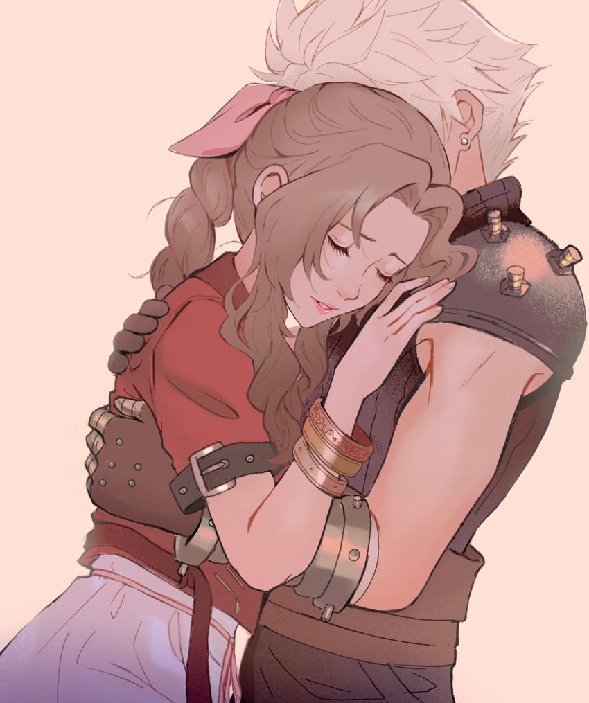 cloud strife and aerith gainsborough (final fantasy and 3 more) drawn by softp3ach