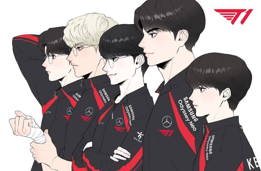 faker, zeus, oner, keria, and gumayusi (real life and 1 more) drawn by hide_on_moja