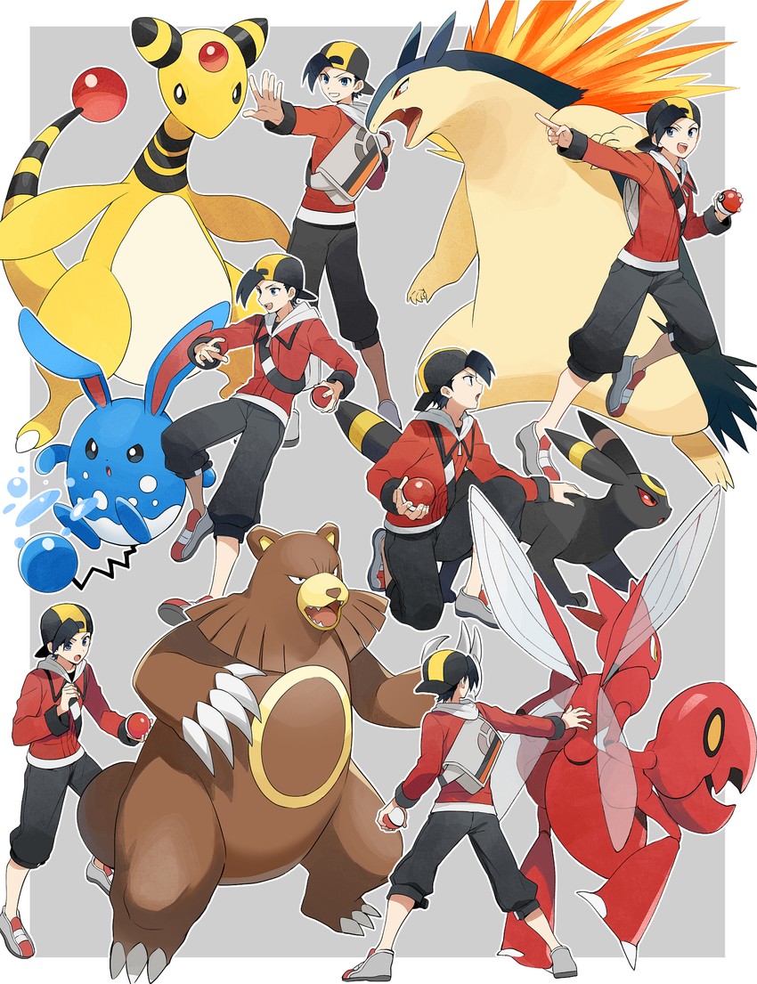 ethan, umbreon, typhlosion, ampharos, scizor, and 2 more (pokemon and 1 more) drawn by yukin_(es)