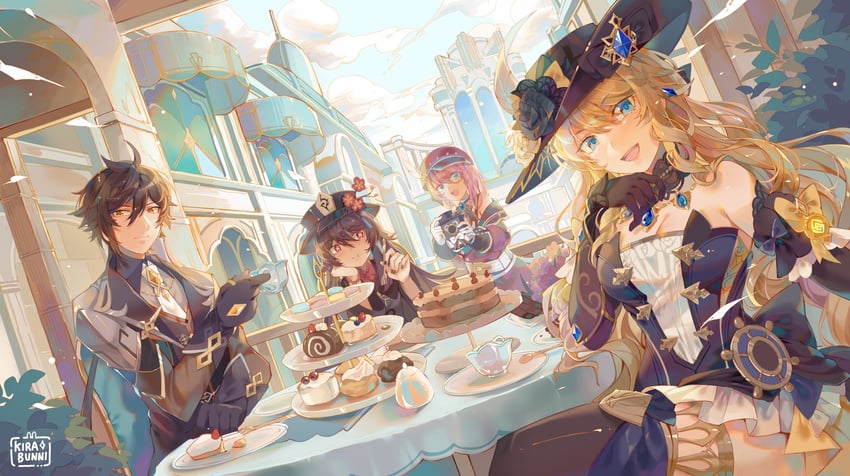 hu tao, zhongli, navia, and charlotte (genshin impact) drawn by kirabunni