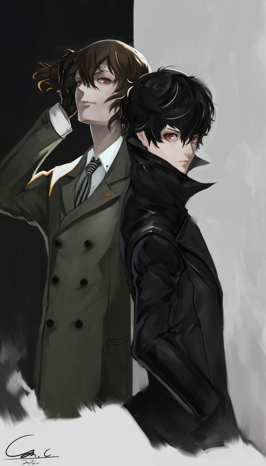 amamiya ren, akechi gorou, and joker (persona and 1 more) drawn by xq
