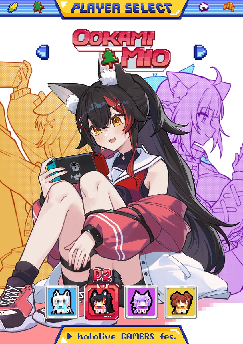 shirakami fubuki, nekomata okayu, ookami mio, and inugami korone (hololive) drawn by tsukino_(nakajimaseiki)
