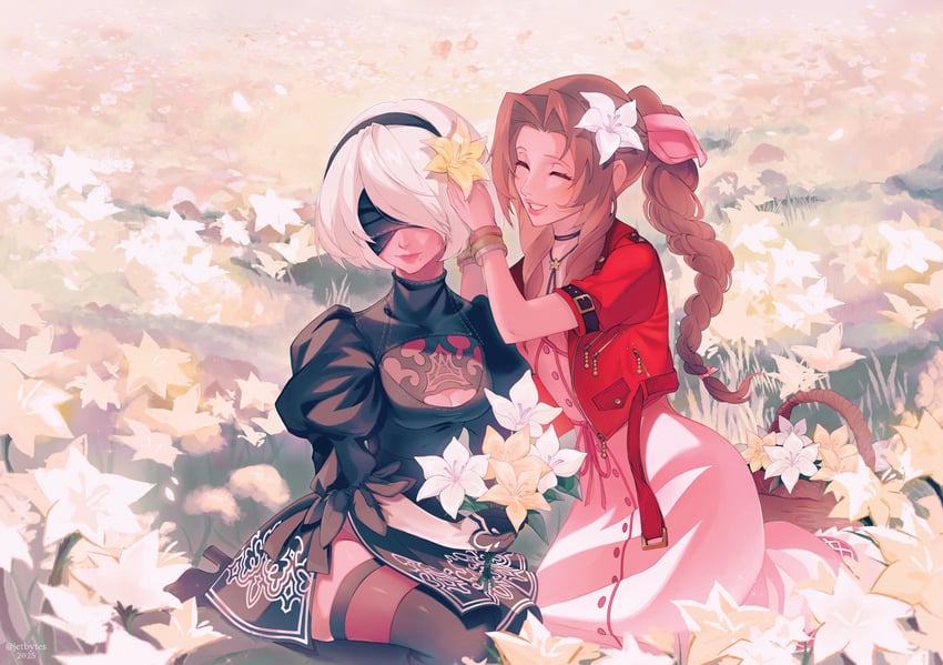 2b and aerith gainsborough (final fantasy and 4 more) drawn by jetbytes
