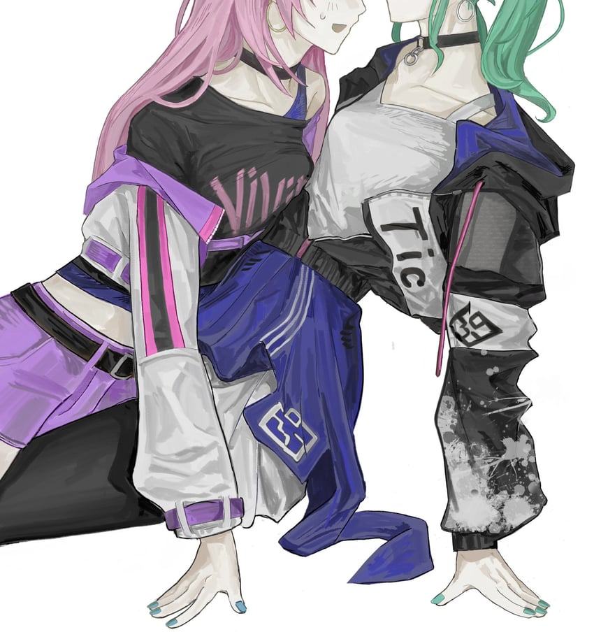 hatsune miku, megurine luka, vivid bad squad miku, and vivid bad squad luka (vocaloid and 1 more) drawn by baejaan0