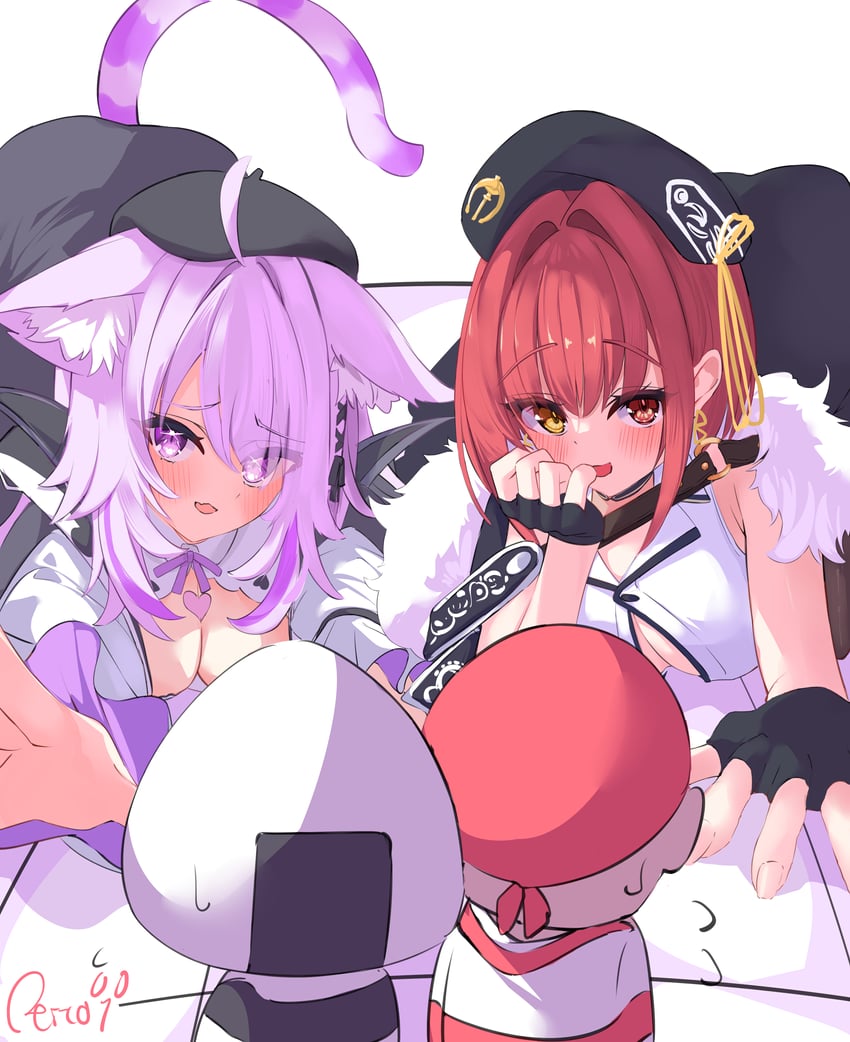 houshou marine, nekomata okayu, and onigirya (hololive) drawn by reitou_mkn