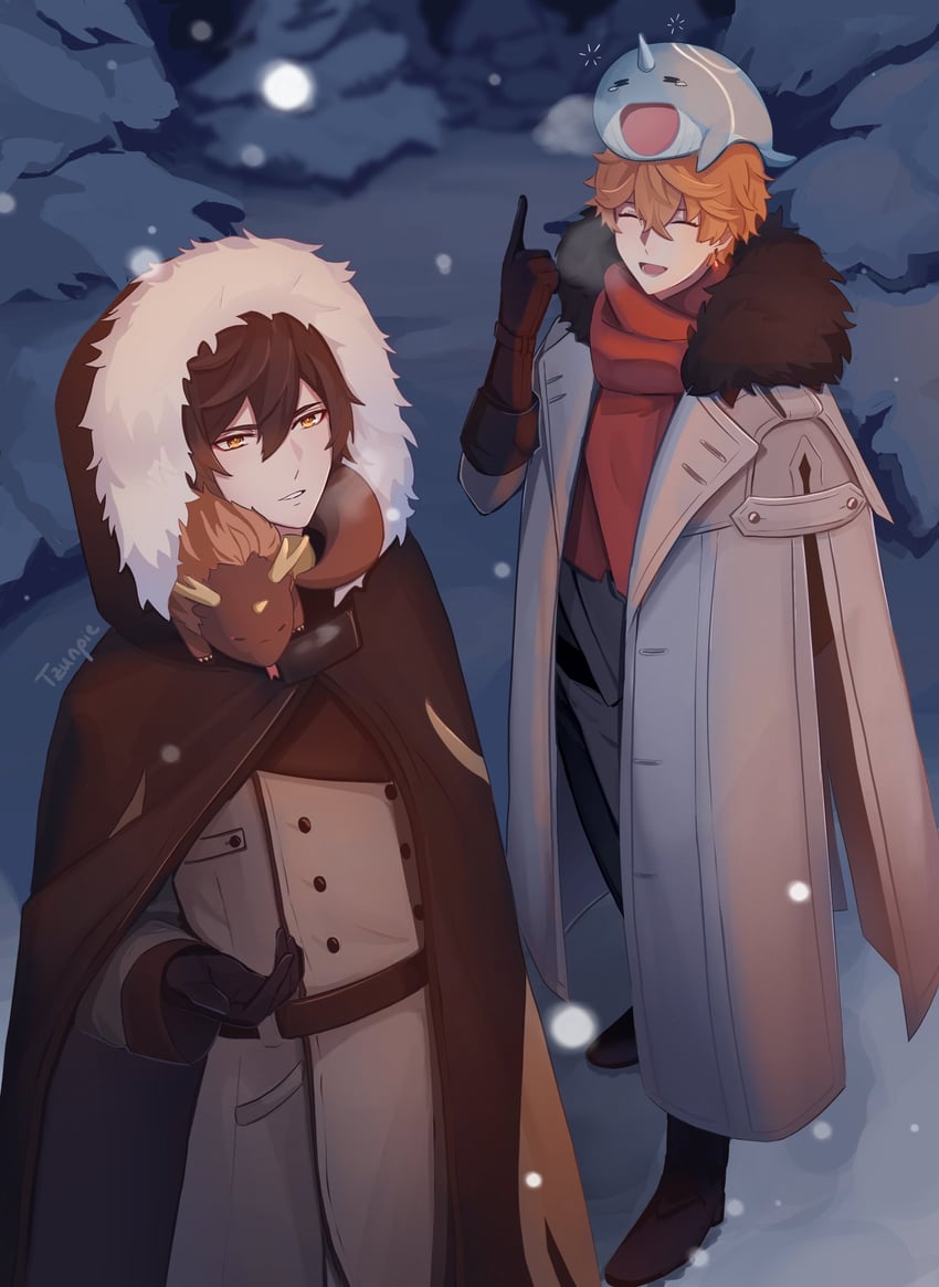 zhongli, tartaglia, and rex lapis (genshin impact) drawn by tzunpie