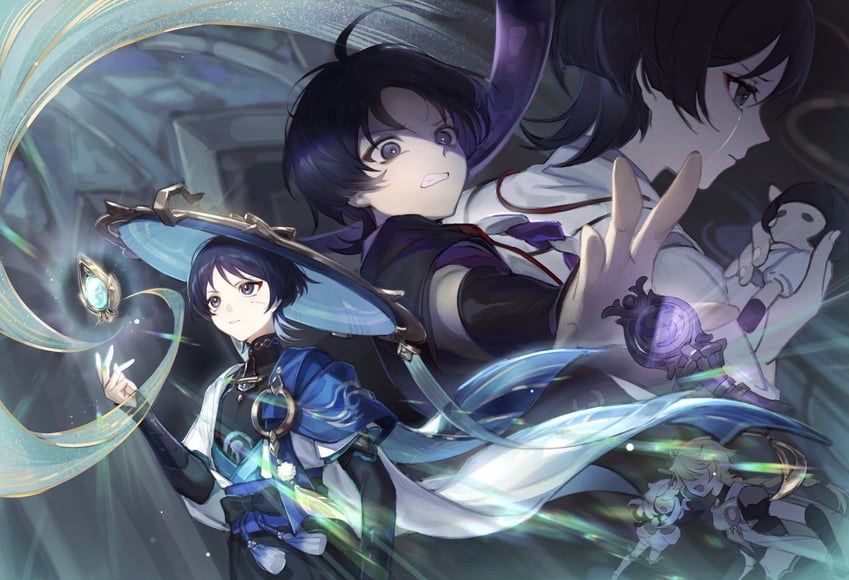 scaramouche, aether, wanderer, and paimon (genshin impact) drawn by nekomi_0
