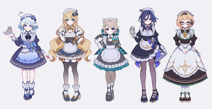 furina, clorinde, navia, lynette, and emilie (genshin impact) drawn by sikaku