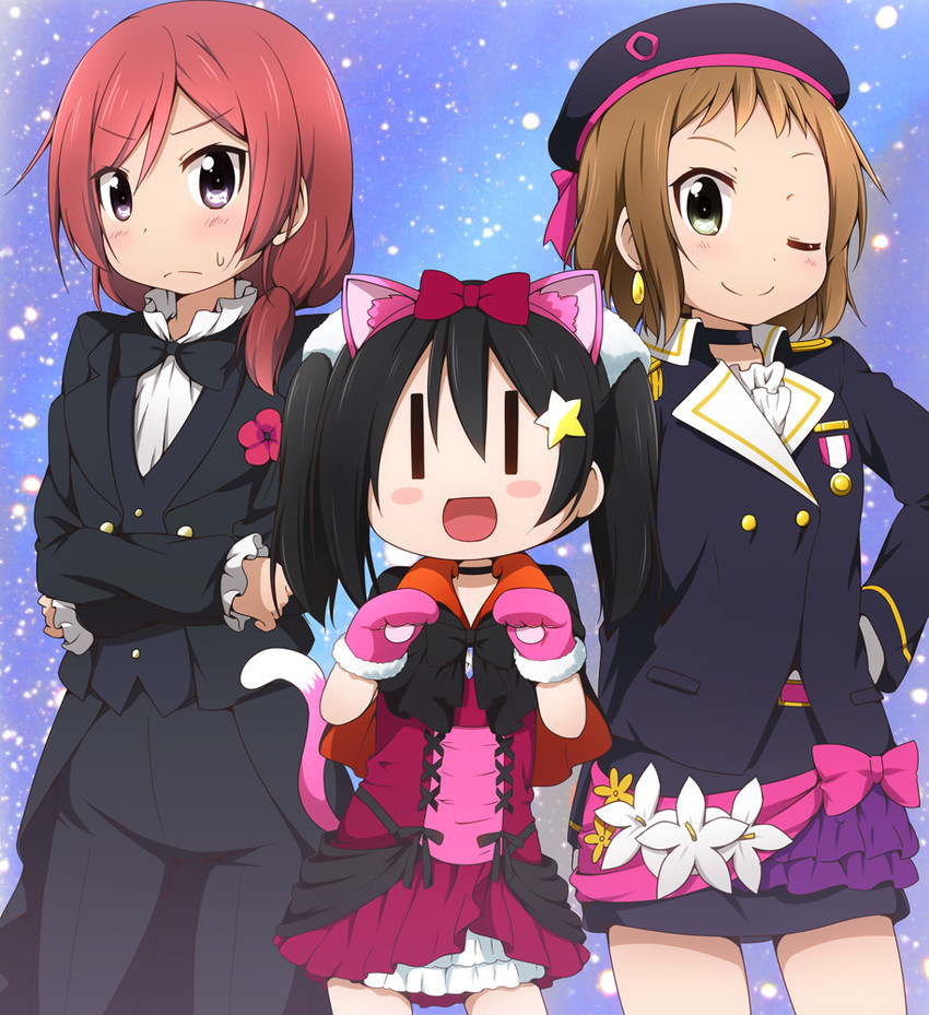 nishikino maki, yazawa nico, and kira tsubasa (love live! and 1 more) drawn by miyako_hito