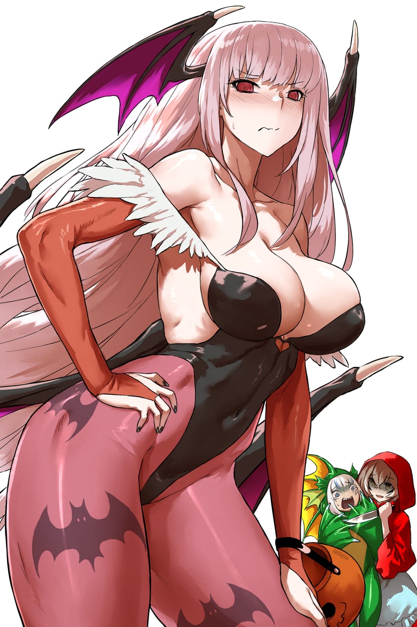 gawr gura, mori calliope, nanashi mumei, morrigan aensland, b.b. hood, and 1 more (hololive and 2 more) drawn by haraya_manawari