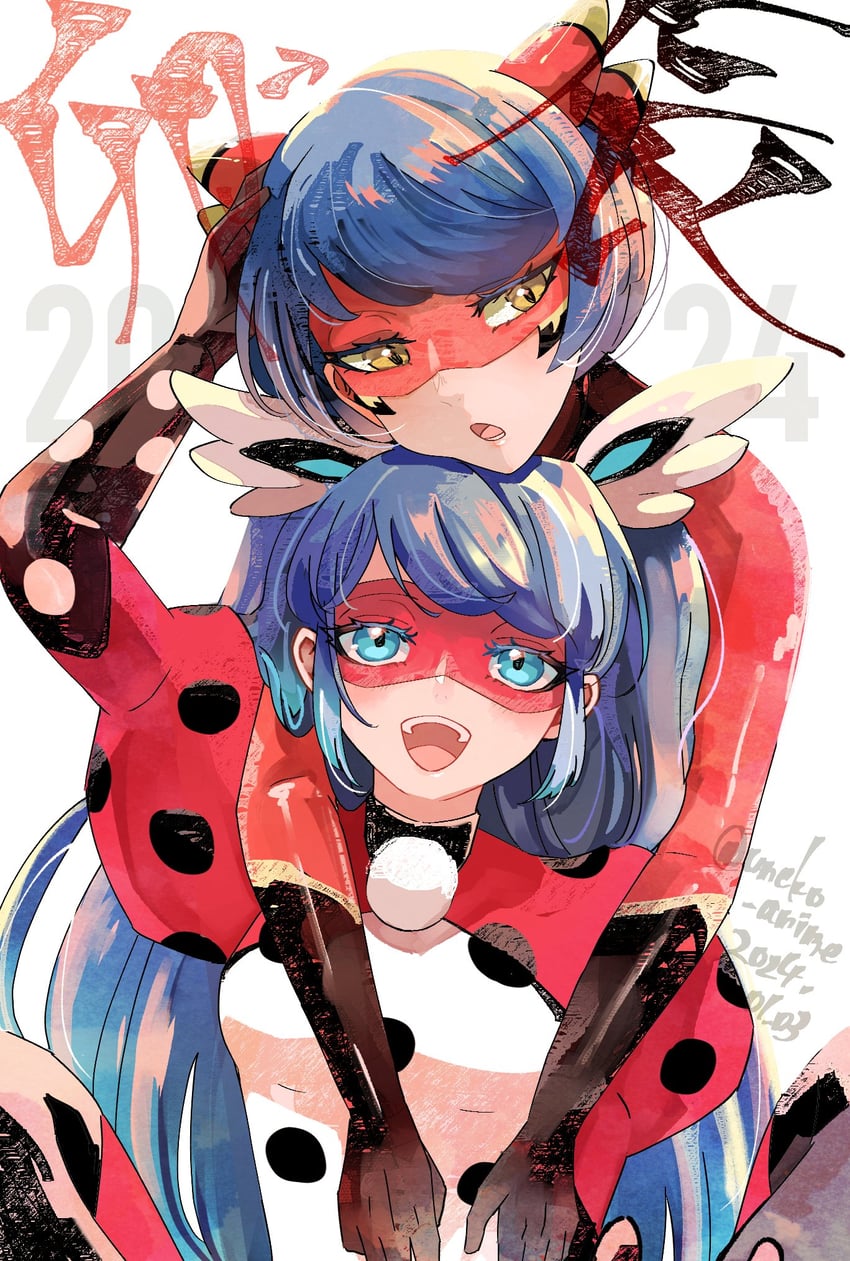 marinette dupain-cheng, pennybug, and kagami tsurugi (miraculous ladybug) drawn by uneko_anime