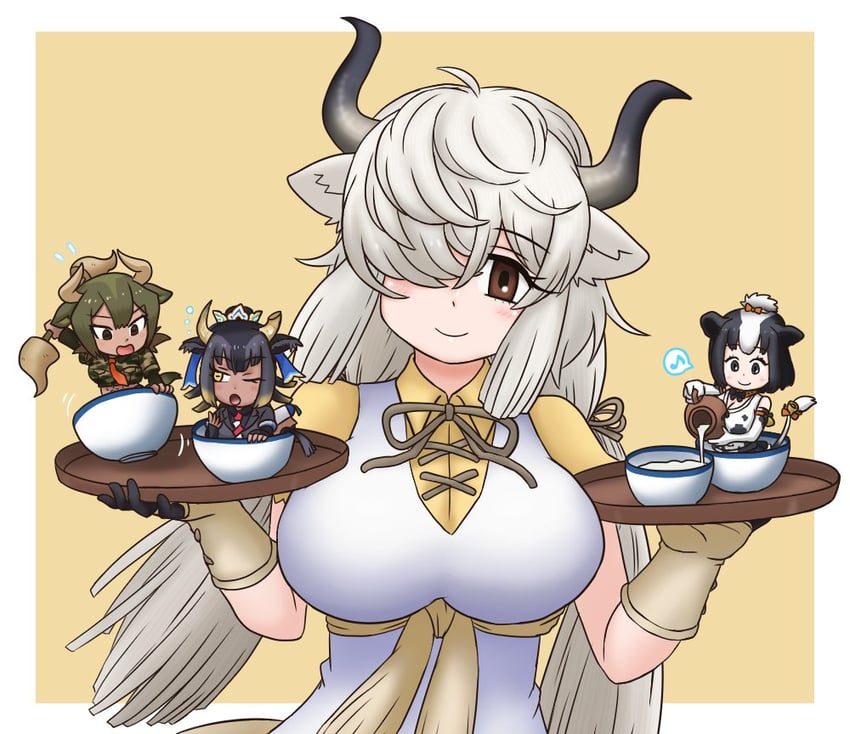 yak, aurochs, holstein friesian cattle, and goshingyu-sama (kemono friends) drawn by adansosutega