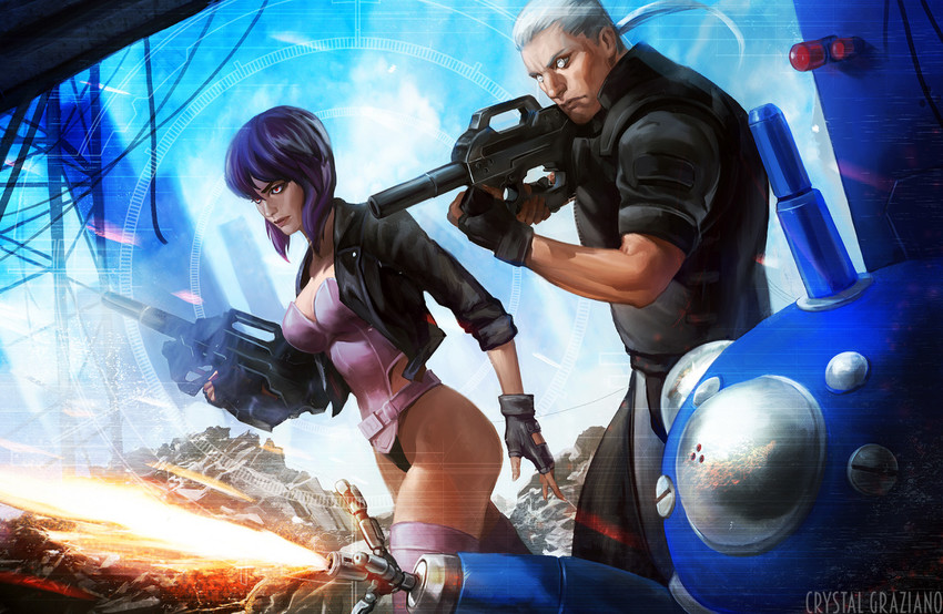 kusanagi motoko and batou (ghost in the shell and 1 more) drawn by crystal_graziano