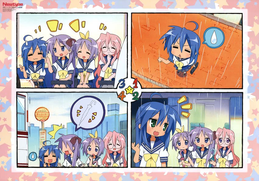 hiiragi kagami, izumi konata, hiiragi tsukasa, and takara miyuki (lucky star and 1 more) drawn by horiguchi_yukiko