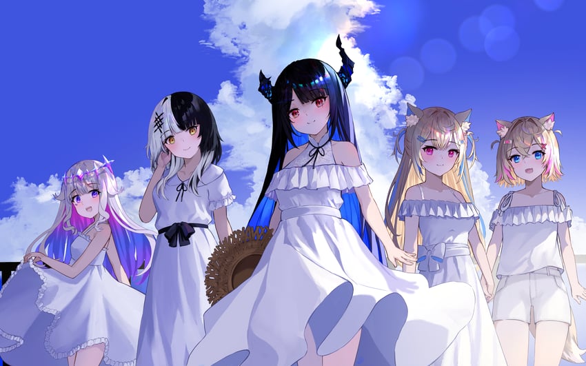 shiori novella, nerissa ravencroft, fuwawa abyssgard, mococo abyssgard, and koseki bijou (hololive and 1 more) drawn by uoca
