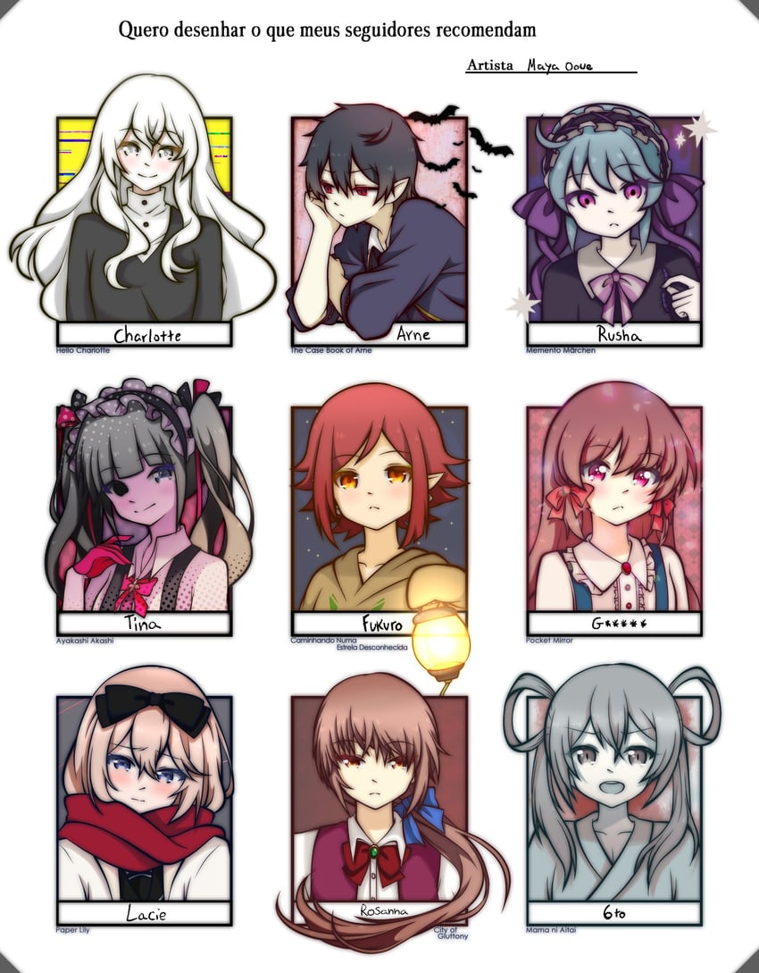 charlotte wiltshire, goldia die heilige, arne neuntote, rokubanme, rusha, and 4 more (hello charlotte and 8 more) drawn by maya_ooue