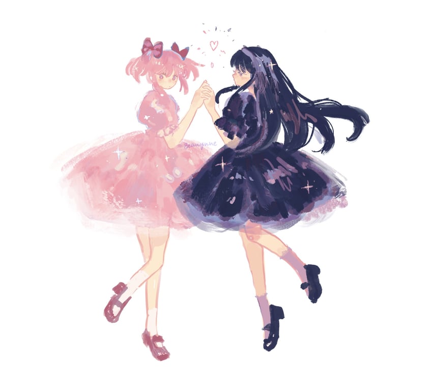 akemi homura and kaname madoka (mahou shoujo madoka magica) drawn by beanynne