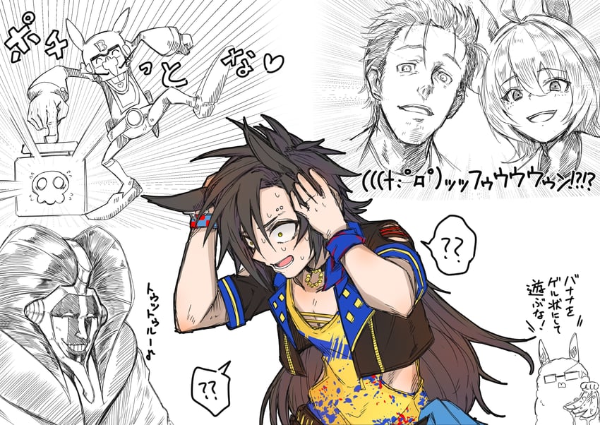 agnes tachyon, biwa hayahide, air shakur, okabe rintarou, kurotsuchi mayuri, and 1 more (umamusume and 5 more) drawn by maromaron_taitei