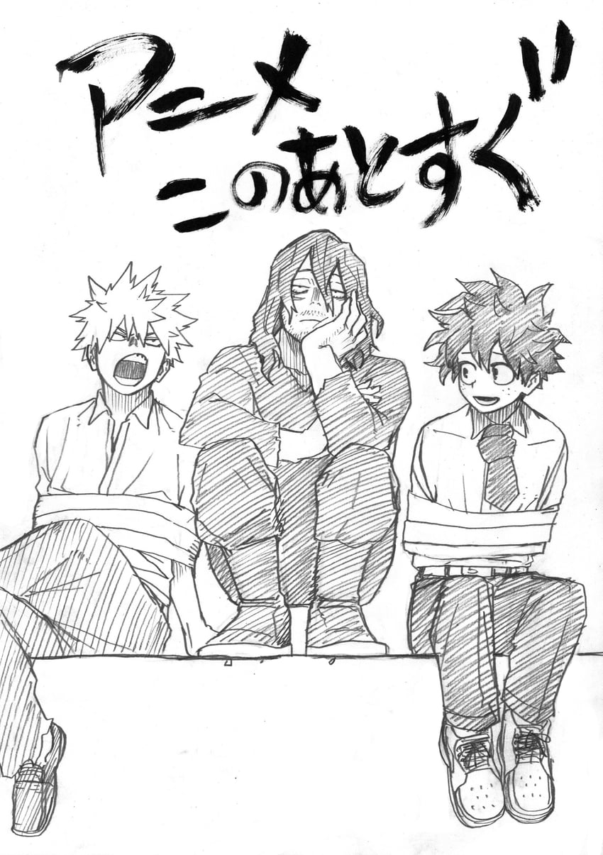 midoriya izuku, bakugou katsuki, and aizawa shota (boku no hero academia) drawn by horikoshi_kouhei