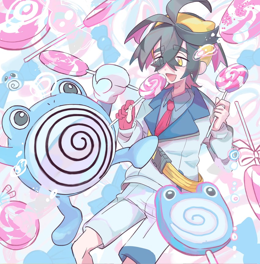 kieran and poliwhirl (pokemon and 1 more) drawn by amenonoco