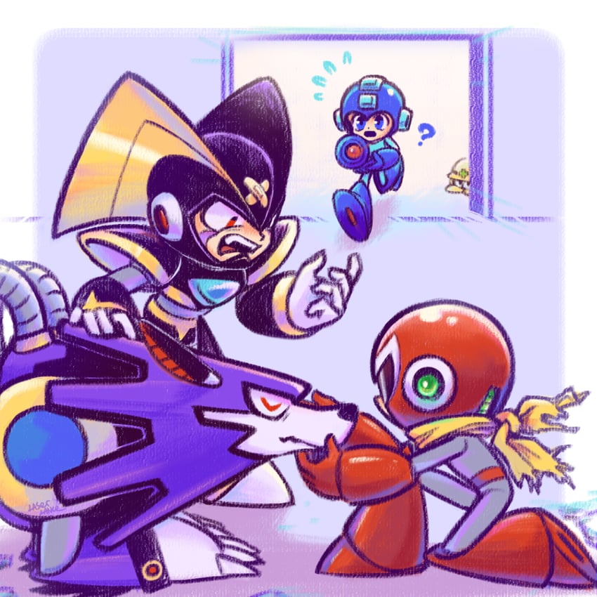 mega man, proto man, bass, met, and treble (mega man) drawn by laser-lance