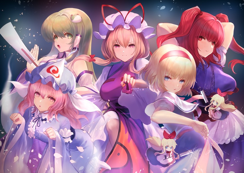 kochiya sanae, alice margatroid, yakumo yukari, saigyouji yuyuko, shanghai doll, and 1 more (touhou) drawn by dqn_(dqnww)