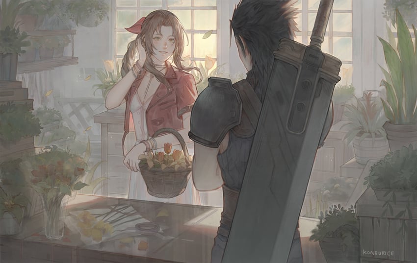 aerith gainsborough and zack fair (final fantasy and 3 more) drawn by konburice