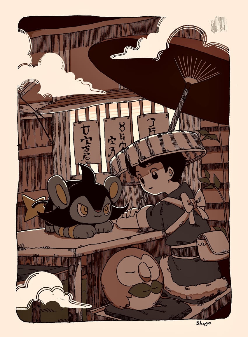rowlet, rei, and luxio (pokemon and 1 more) drawn by shogo_(shogo70449442)