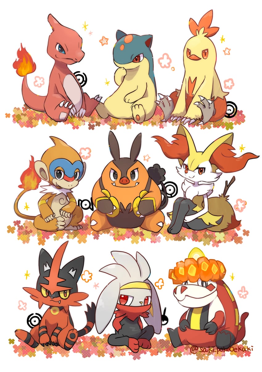 braixen, unown, quilava, raboot, charmeleon, and 8 more (pokemon) drawn by saki_pokeoekaki