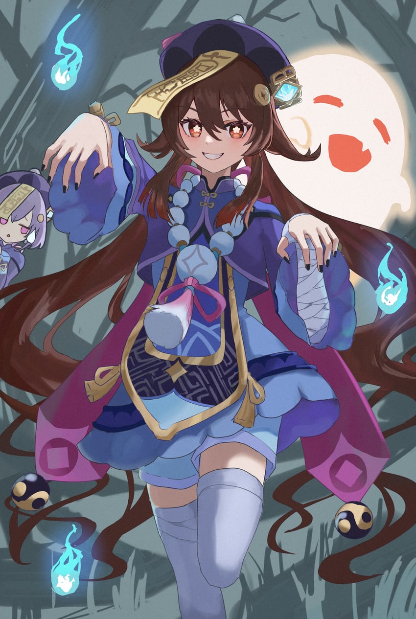 hu tao, boo tao, and qiqi (genshin impact) drawn by ryoha_kosako