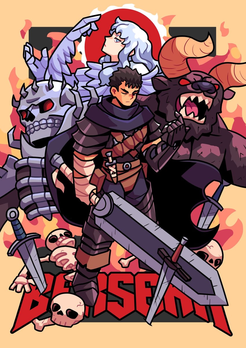 guts, griffith, zodd, and skull knight (berserk) drawn by timtam
